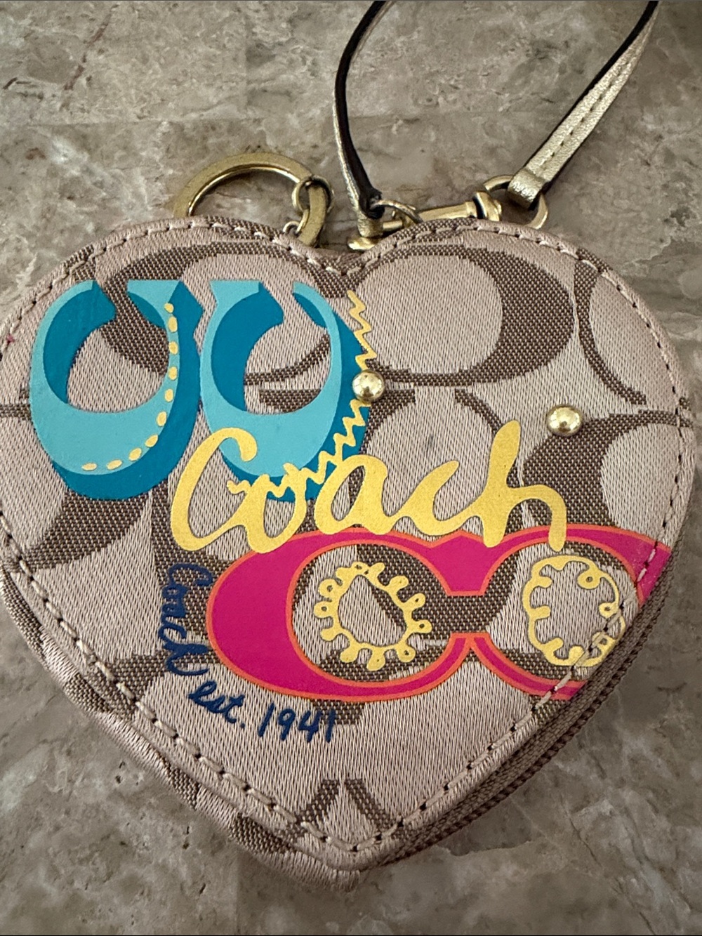 Coach Beige Signature Heart Coin Case Keychain with Blue, Pink & Yellow Accents - Picture 5 of 11